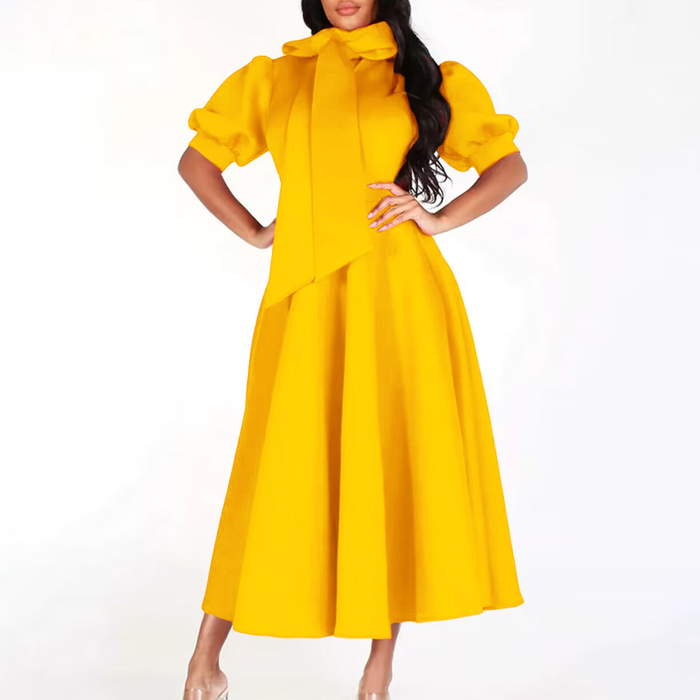 fashion  spring and summer elegant puff sleeves pure color sense of design waist tie back long skirt exportdress