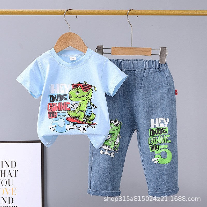 Summer  new arrivals: 0-5 year old kids' cartoon car & animal print crewneck short sleeve & denim pants two-piece cotton set