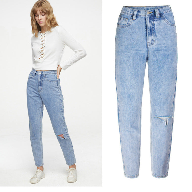 Amazon  jeans women's new arrival hot selling plaidcasual washed hole light color jeans