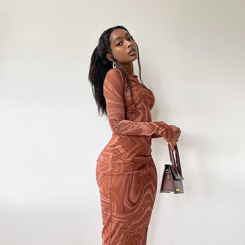 Fashion style tight mid-length dress round neck short sleeve long sleevesprinting hip pullover dressfashionelegant