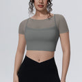 New arrival: solid color mesh double-layer breathable faux two-piece short sleeve top - perfect for casual wear, sports, running, fitness, and yoga