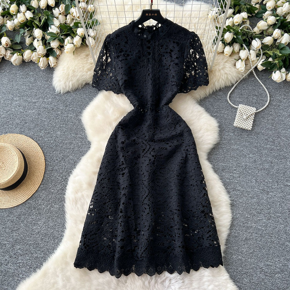 High-end hollow-out crochet lace dress - women's french style, slimming, elegant, short sleeve maxi dress - summer 2025 collection