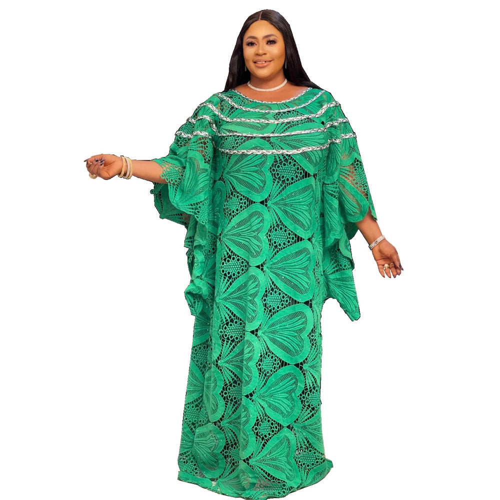 African women's robe cross-border supply loose green long dress subtle embroidery lace elegant commute maxi dress