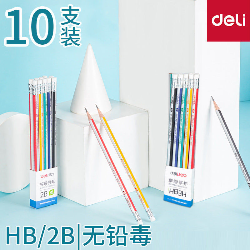 Deli 33431 hexagonal pole primary school students writing pencil HB/2B pencil test card pencil with eraser 10 pcs