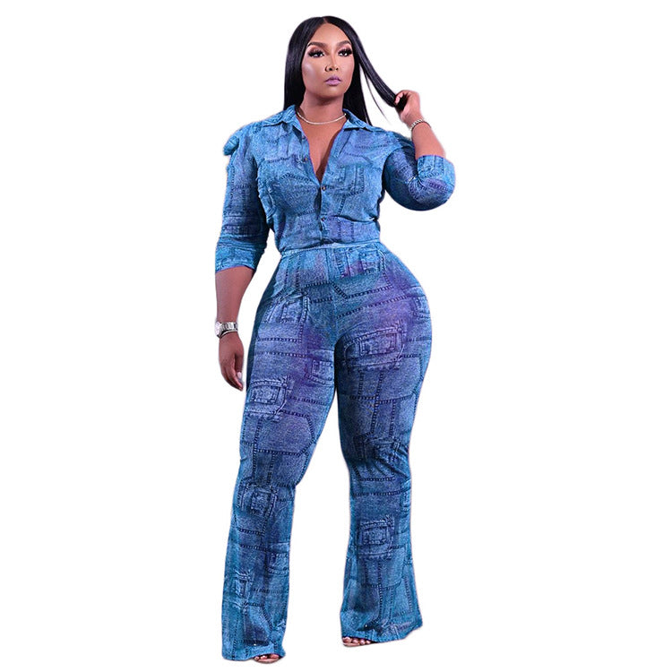 Plus size women's fashion: european & american style, cross-border , independent website, casual chic, faux denim patchwork long sleeve shirt two-piece set