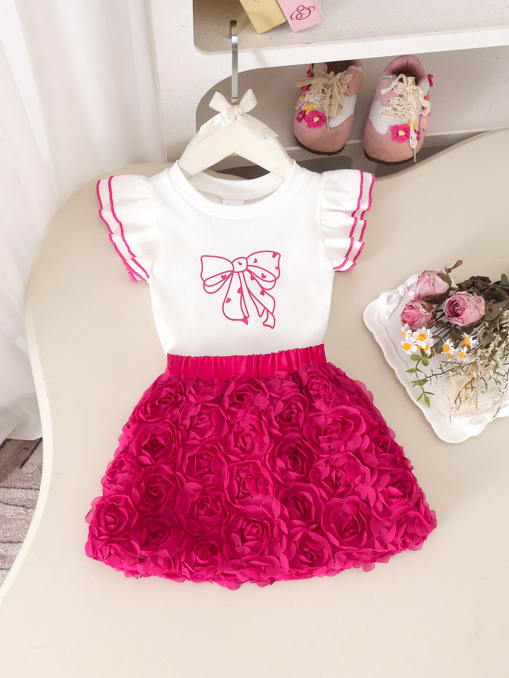 Girls' rose tutu dress with flutter sleeves, bow accent, and ribbed knit top - 3d rose tulle skirt - summer style