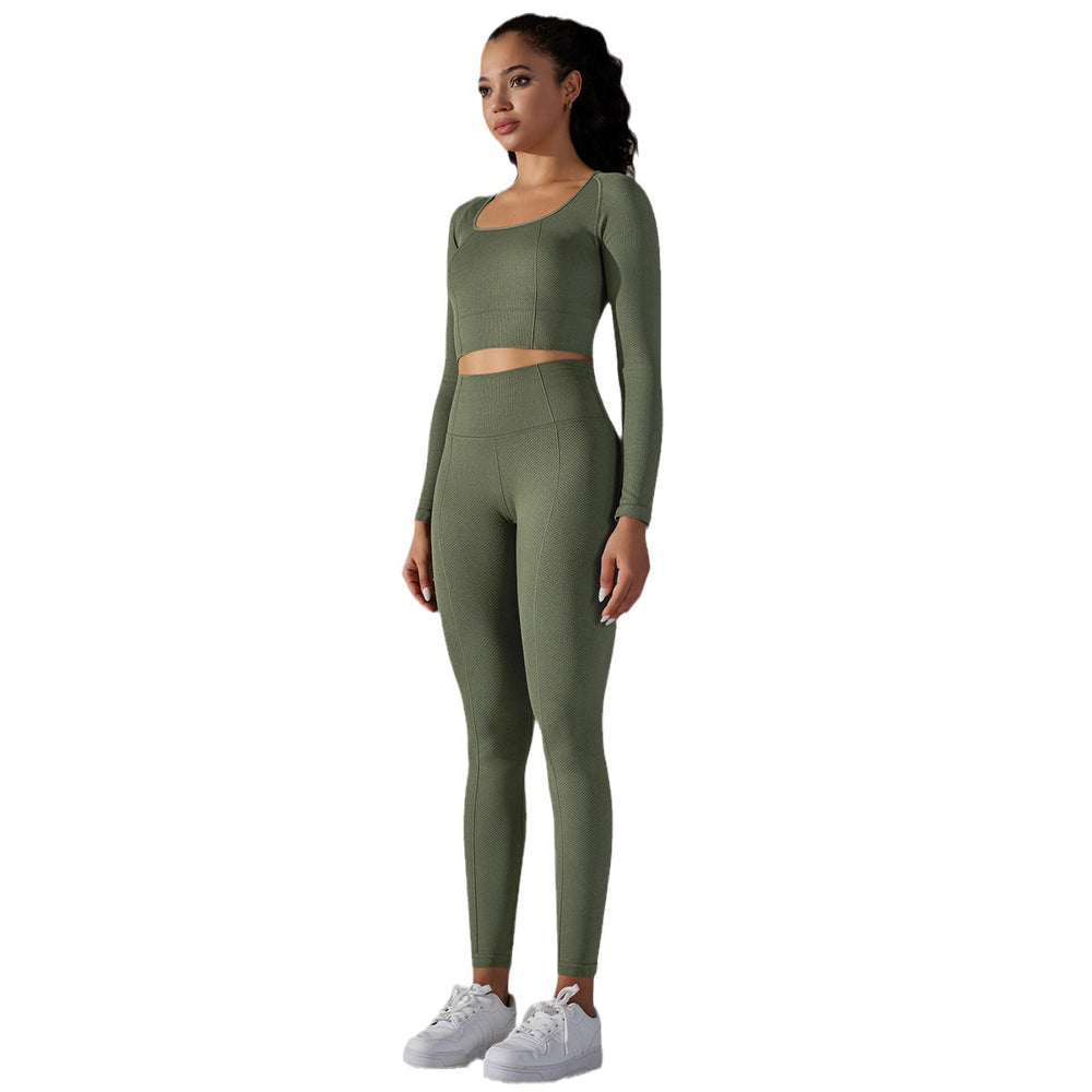 fashion seamless knittingpure color jacquard low-cut tight long sleeves yoga suit sports fitness two-piece set