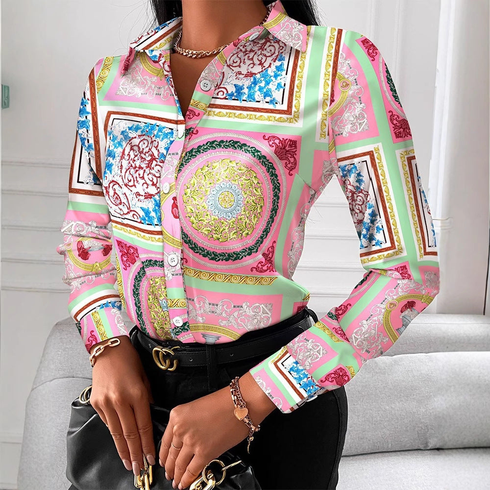 Spot 2022 European and American  women's clothing  spring and autumn shirts independent station  long-sleeved printed shirt