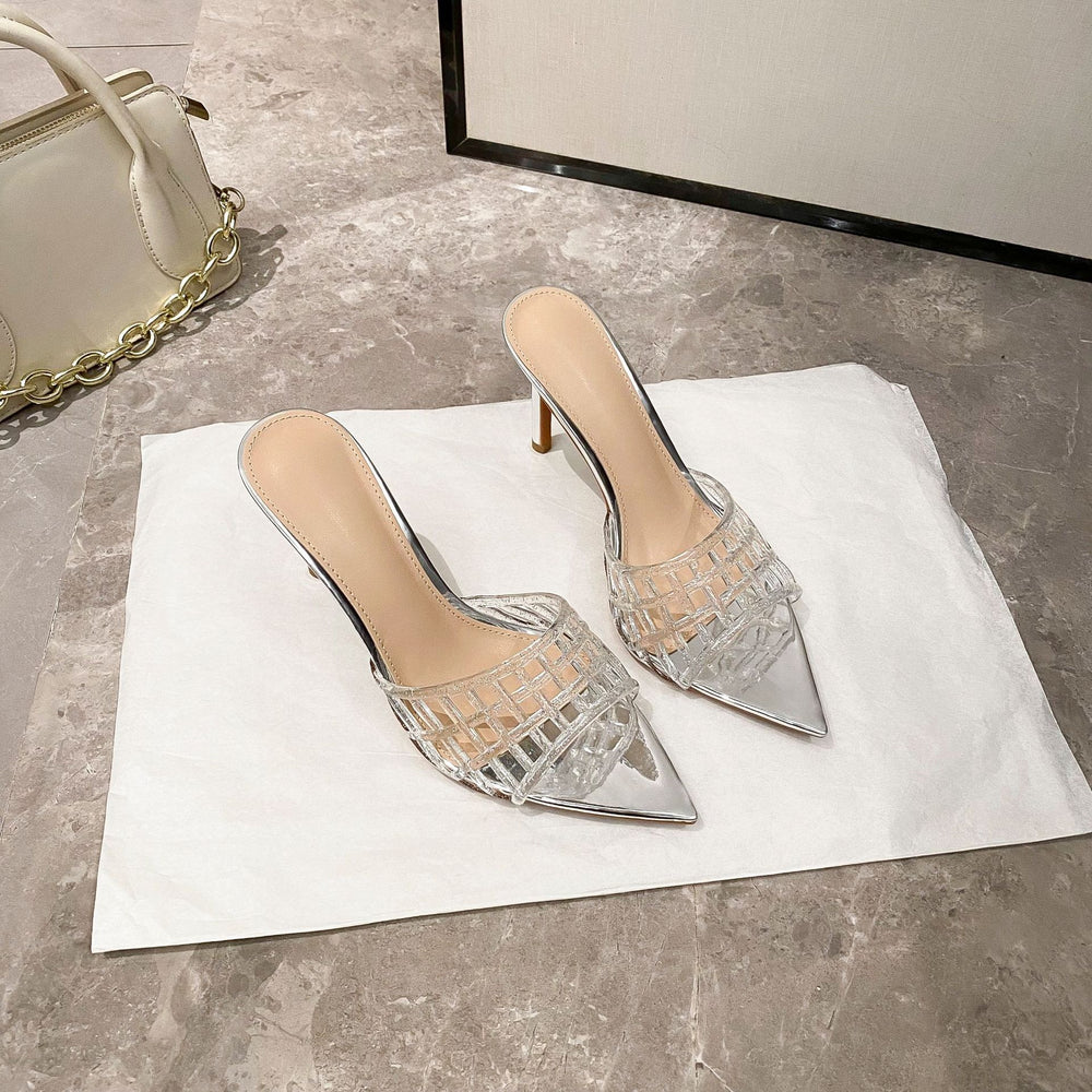 new arrival women's sandals best selling transparent mesh cut out pointed toe high heels stiletto sandals easiest for matchoutwear half drag