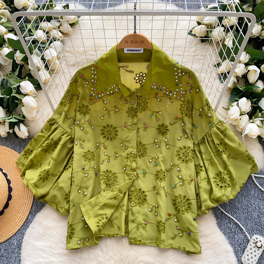 French chic court style blouse - women's fashionable, heavily embellished, rhinestone-studded, cutout embroidery, lantern sleeve top - versatile shirt