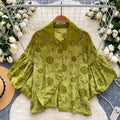 French chic court style blouse - women's fashionable, heavily embellished, rhinestone-studded, cutout embroidery, lantern sleeve top - versatile shirt