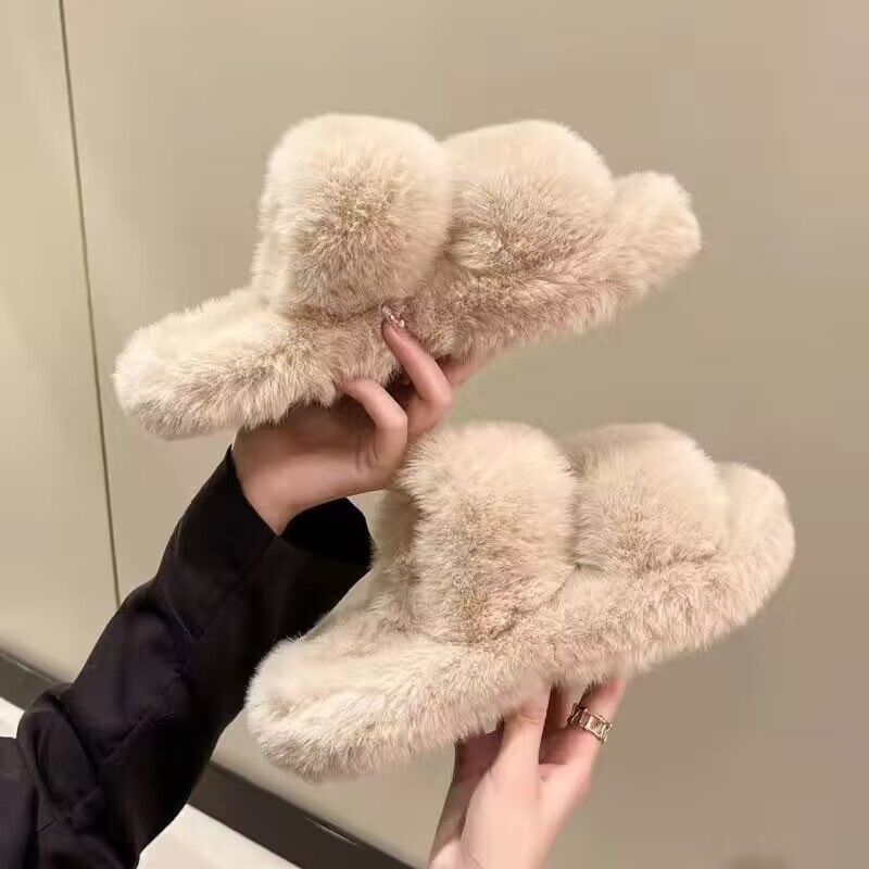 Thick sole cross strap furry slippers for women fall and winteroutwear2023new arrivalplatform shoesthick soleincrease soft bottomfor home cotton slippers