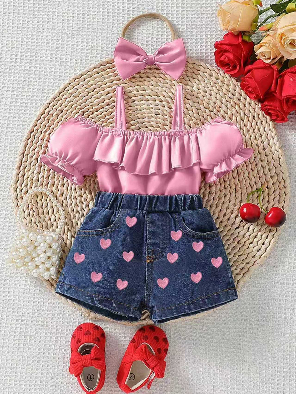 hot selling baby girl one shoulder ruffle suspender tops+love embroidered denim short suit with headscarf