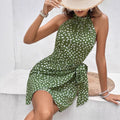 cross-border european and american style polka dot ruched dress - sleeveless halter neck dress with waist tie