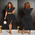 C6740 cross-border   fashion women's solid color belted ruffle asymmetrical dress