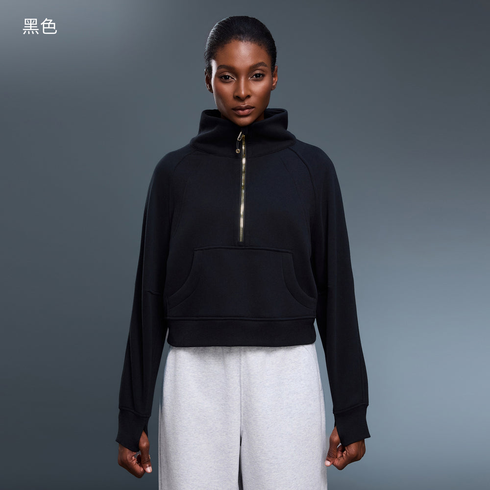 Women's fleece-lined half-zip high neck pullover sweatshirt - autumn/winter warm outerwear top - d25131