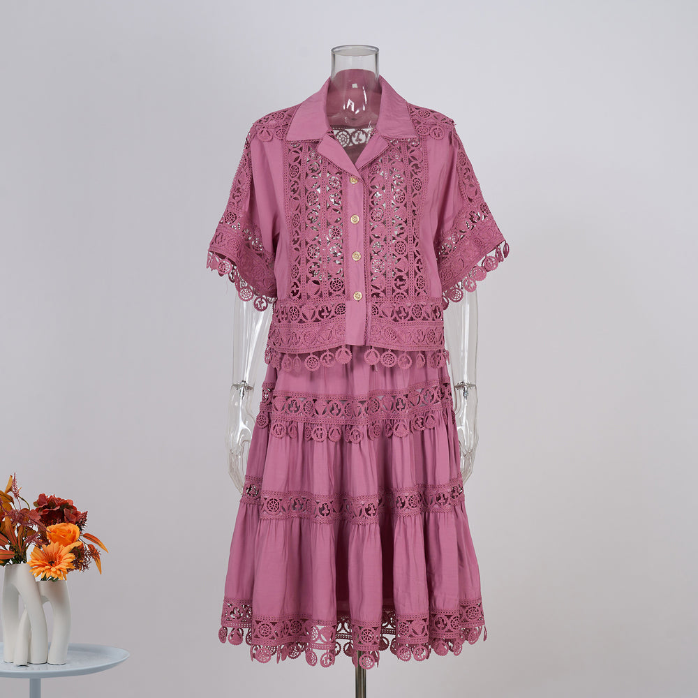 Fashionexportfrench palace style lacecut out crochet shorttopshigh waistlacepatchwork skirtsuit