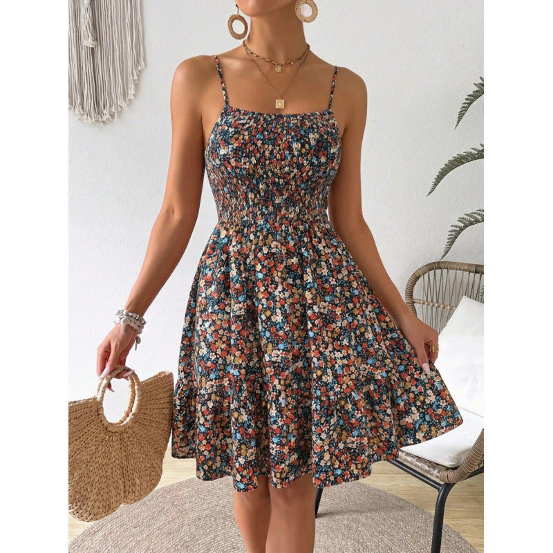 fashion  summer new arrival holiday floral pleated ruffles casual suspender dress for women