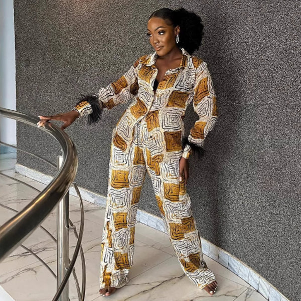 European and American large-size women's clothing long-sleeved printed lapel shirt top casual trousers African new foreign style two-piece set women