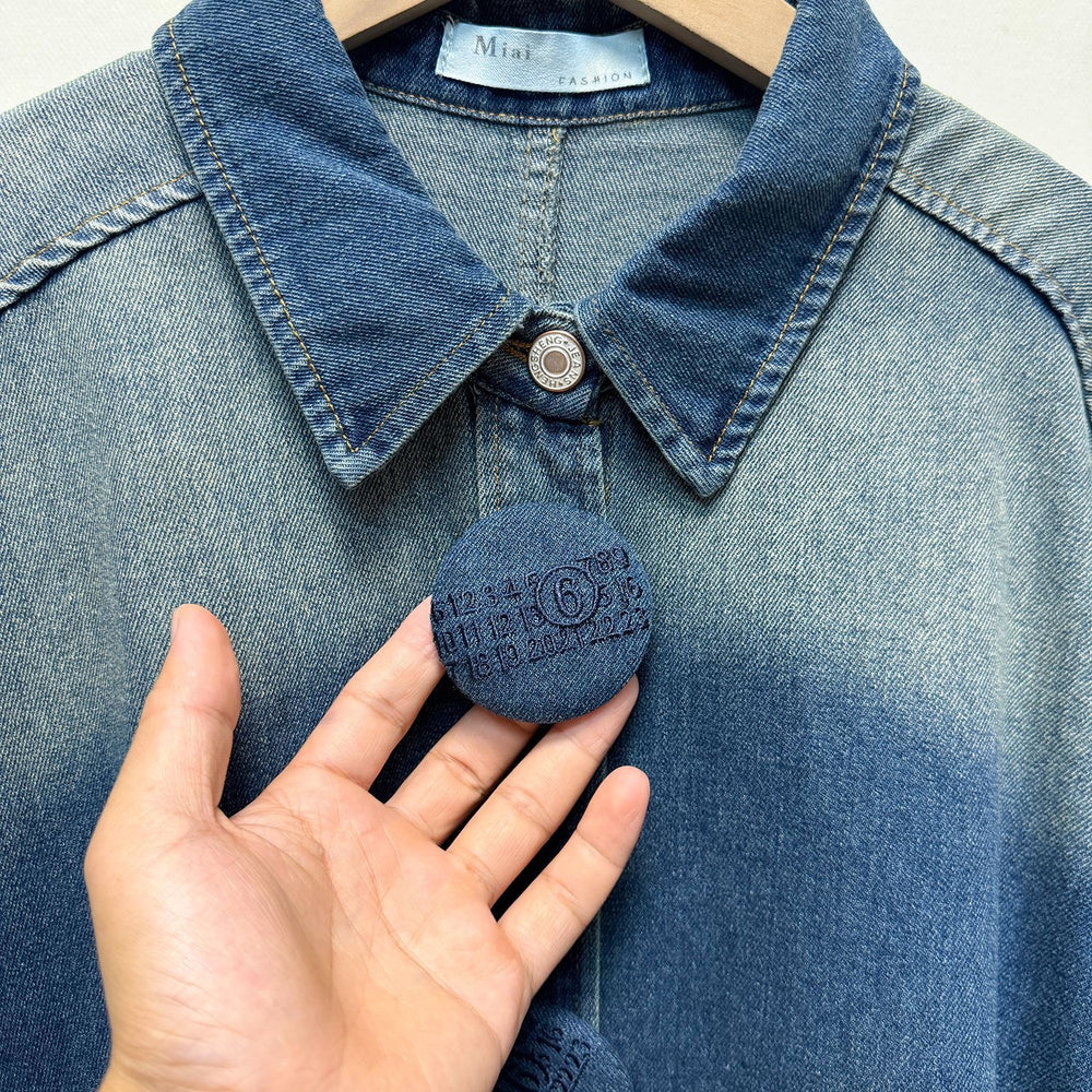 European autumn/winter lapel button-down retro gradient washed oversized long sleeve denim shirt for women