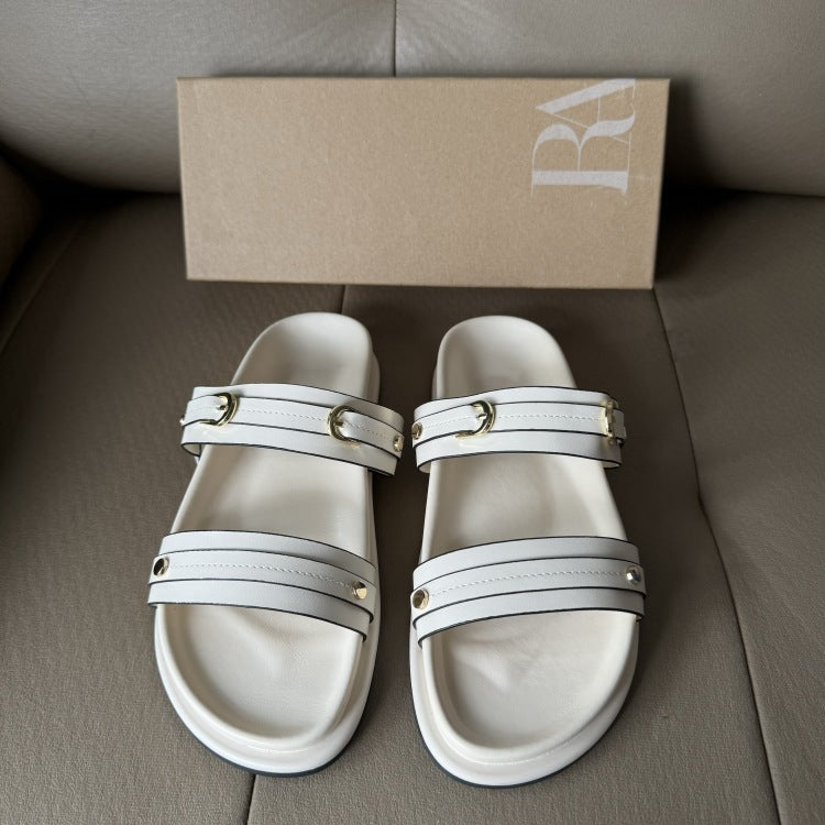 Spanish trendy brand summer new white buckle flat sandals outdoor thick sole flip flops beach sandals