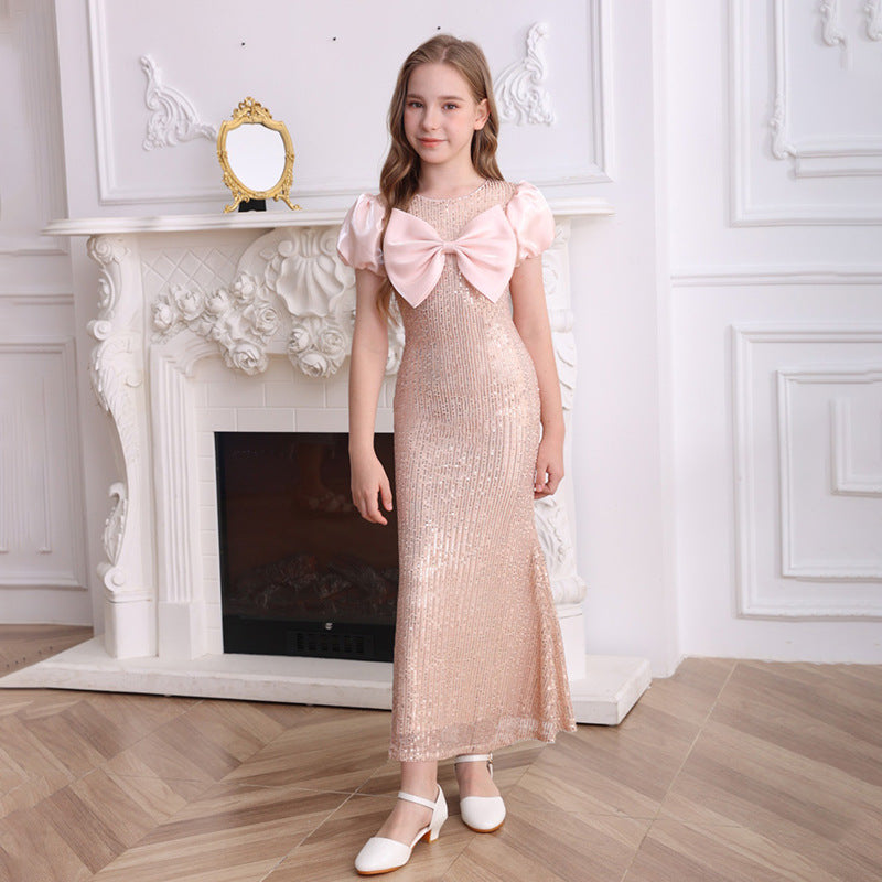 European and american high-end girls' formal dress, new puff sleeve sequin maxi dress, bodycon skirt, children's princess dress, custom  order