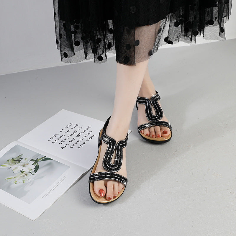 Flat bottom rhinestone & hotfix crystal roman sandals - women's 2025 summer new korean style plus size elastic band sandals