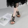 Flat bottom rhinestone & hotfix crystal roman sandals - women's 2025 summer new korean style plus size elastic band sandals