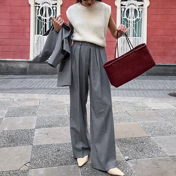 2024 autumn and winter versatile gray pleated trousers women's professional commuting drape high waist straight suit pants European and American women's clothing