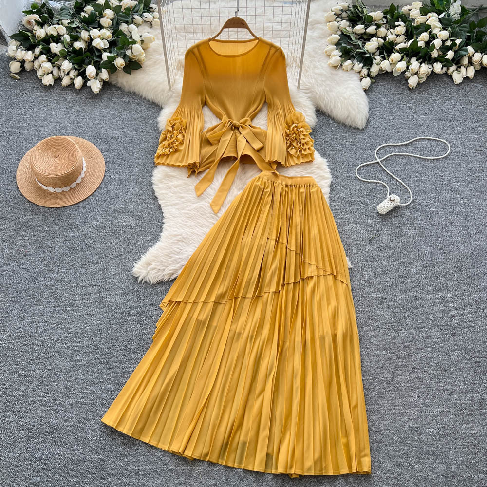 Fashionsense of design strappy waist flared sleeves asymmetrical pleated topshigh waistslimming look large swing skirt suit