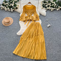 Fashionsense of design strappy waist flared sleeves asymmetrical pleated topshigh waistslimming look large swing skirt suit