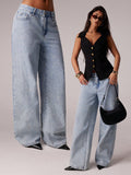 Fashionjeans women's snowflake washed loose pants retro light blue high waist lazy style loose drape denim pants