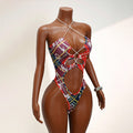 women's patchwork one-piece cutout bikini - edgy, fashionable, sexy halter bodysuit