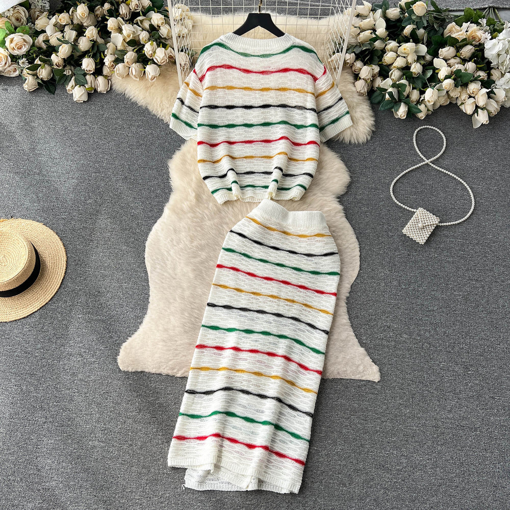 Korean chic retro striped color block set - women's loose fit crew neck short sleeve knit top & high waist bodycon midi skirt