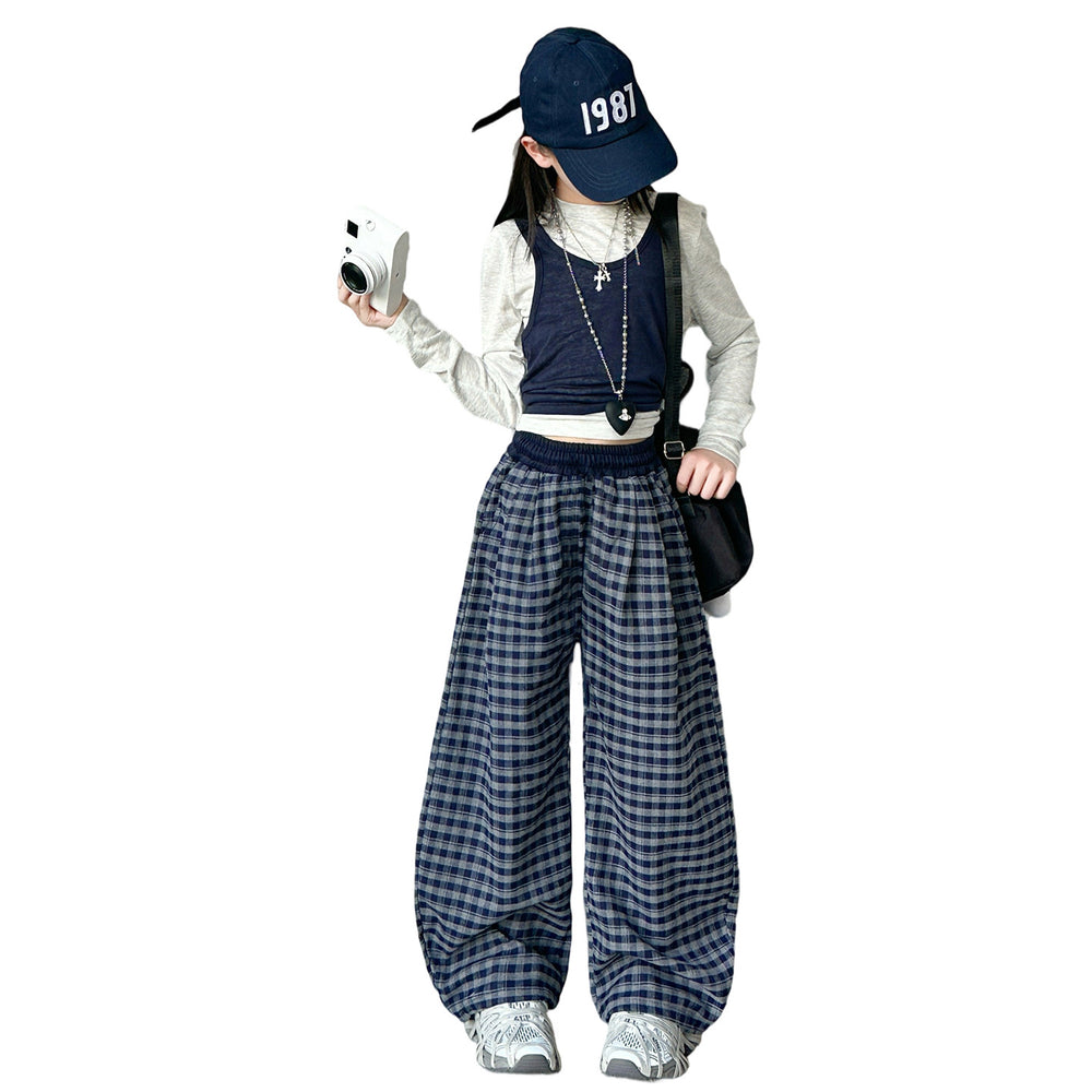 Girls' spring/autumn plaid wide-leg pants,  new autumn casual straight-leg scimitar pants for children, mid-to-large size kids' trousers