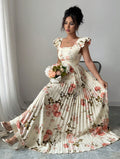 European and american spring/summer floral women's digital print pleated vacation style ruffle waist elegant romantic women's dress