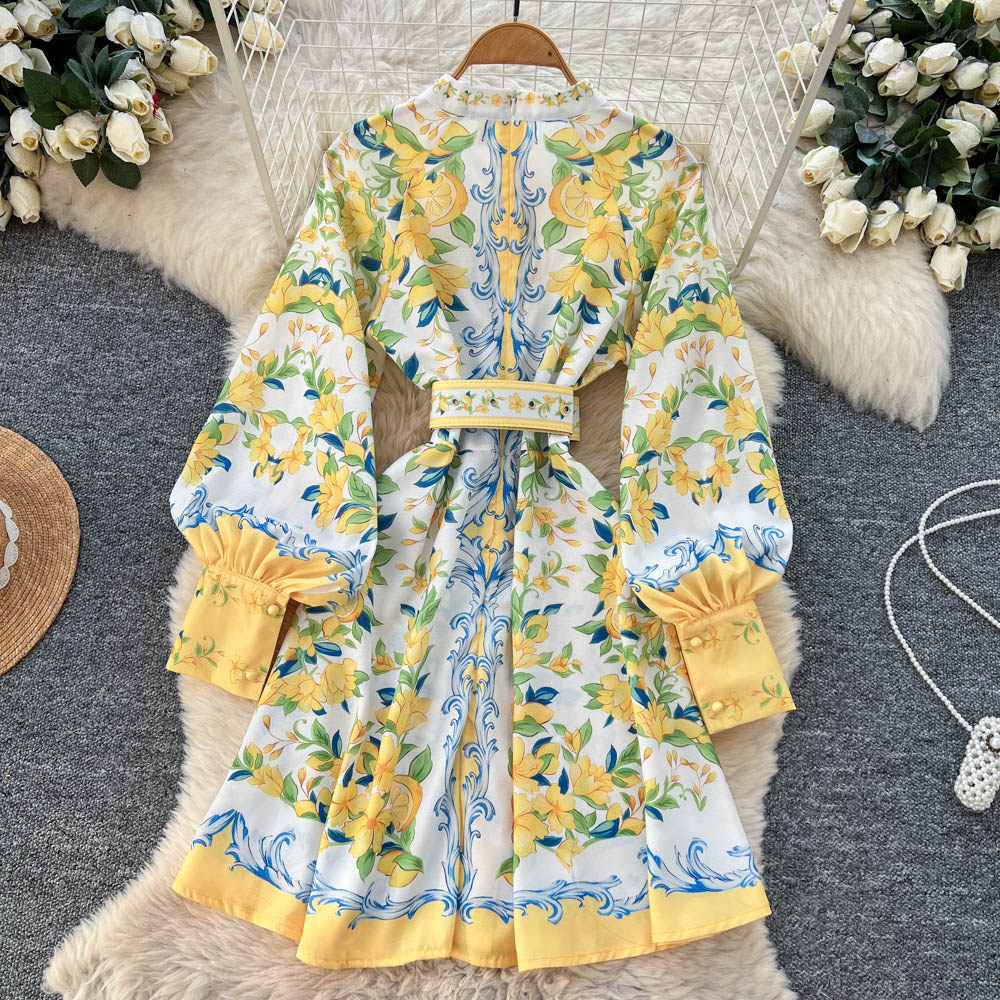 French court style lantern sleeve printed dress - women's summer korean slim fit a-line dress - figure flattering, waist defining, commute friendly