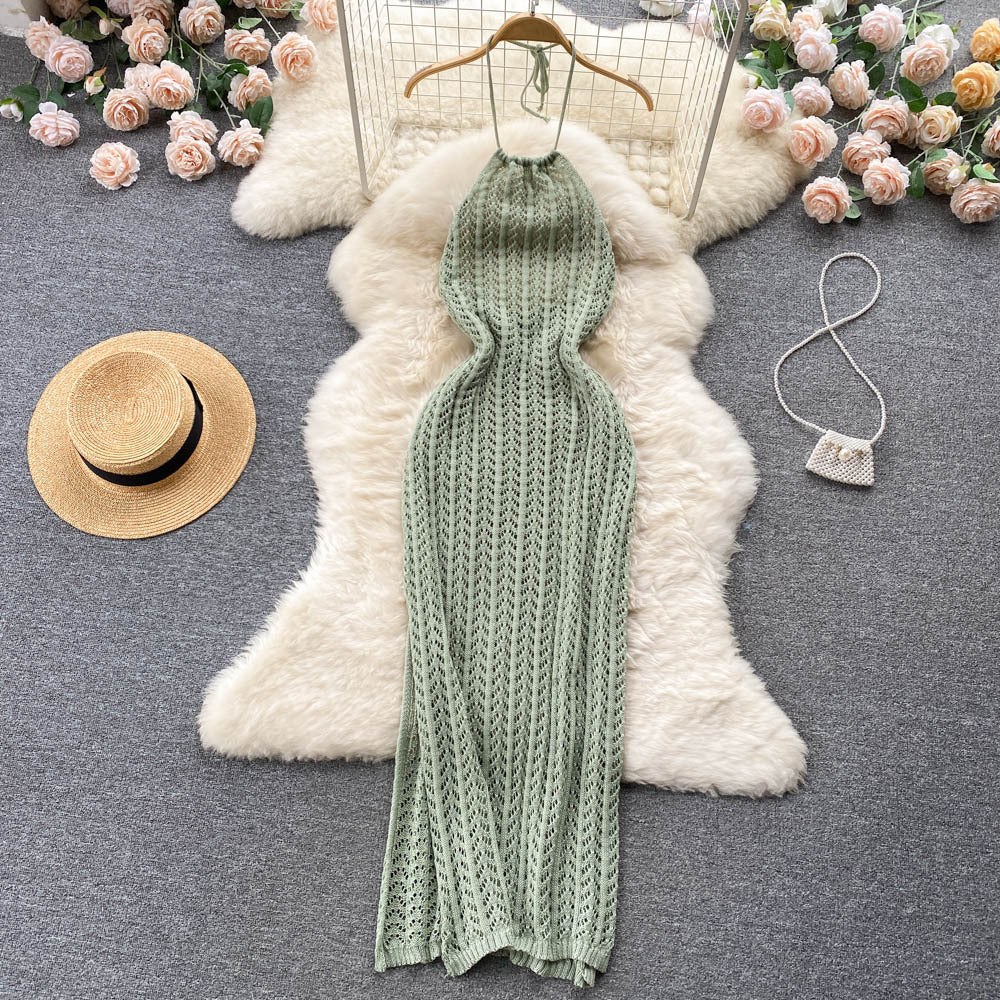 Niche style design classyeleganthalter sleeveless cut outknittingdress women's silm slit vacation dress