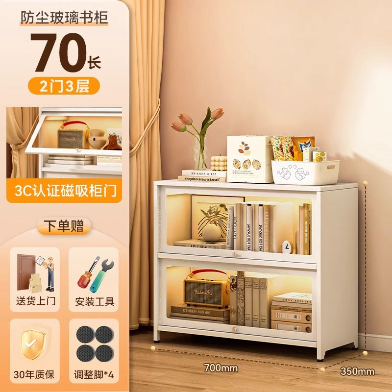 Steel bookcase with glass doors, kids' bookshelf, home living room storage cabinet, dustproof display cabinet, iron art shelf