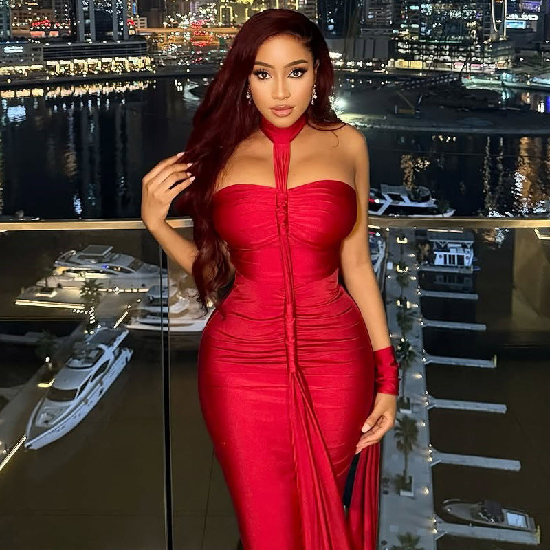 European and american style solid color elegant women's backless tie-up bandeau bodycon dress with ruched off-the-shoulder neckline - perfect for banquets and formal events