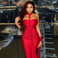 European and american style solid color elegant women's backless tie-up bandeau bodycon dress with ruched off-the-shoulder neckline - perfect for banquets and formal events