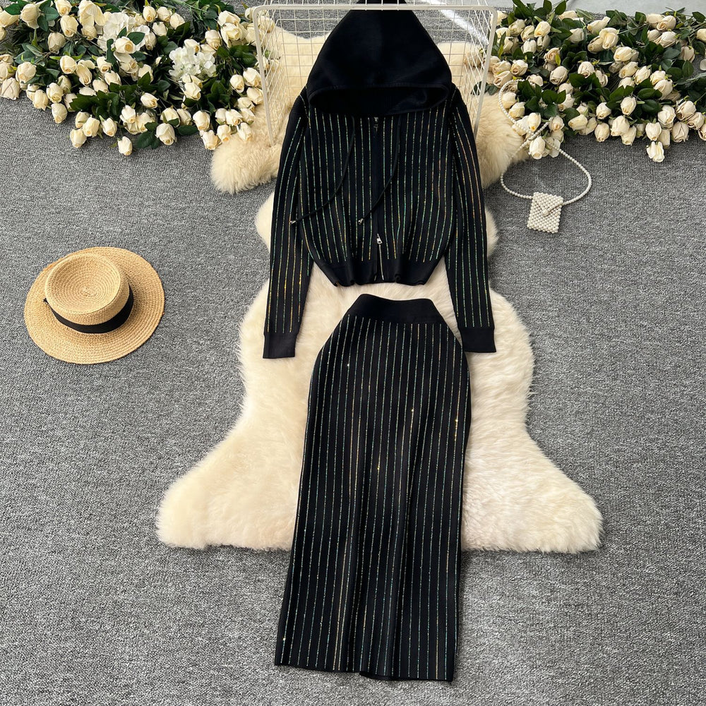 Fall and wintercasualsuitfemale celebrityfashion hot diamond hooded zipper cardigansweateroutwearknitting hip skirt