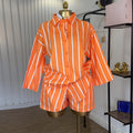 European and american cross-border women's fashion:  autumn new collection - trendy orange loose striped shirt & high-waisted shorts casual set
