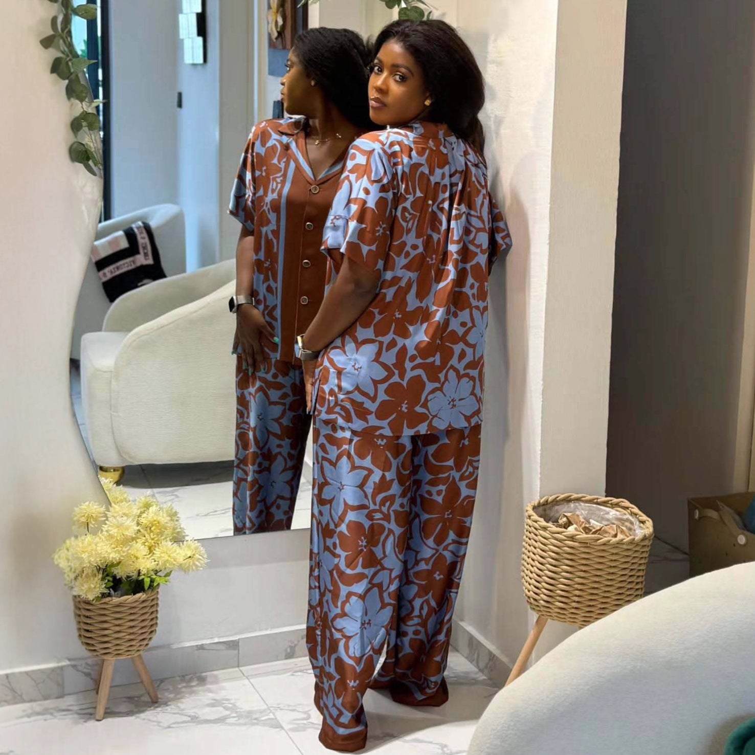 European and American large-size suit, suit collar, positioning printed cardigan shirt, African women's casual trousers, new two-piece set