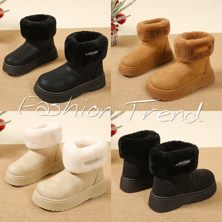 autumn new fleece-lined fluffy trim platform chunky sole snow boots women's korean style round toe warm export plus size women's boots