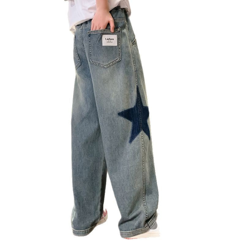Girls' spring denim wide-leg pants, spring/autumn style, big girls' straight-leg trousers,  new collection, loose fit for mid-to-large children