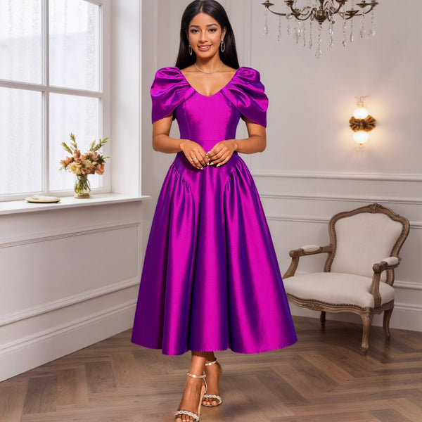 Sexy V-neck personalized bubble sleeve evening dress, European and American temperament elegant A swing pleated banquet dress dresses