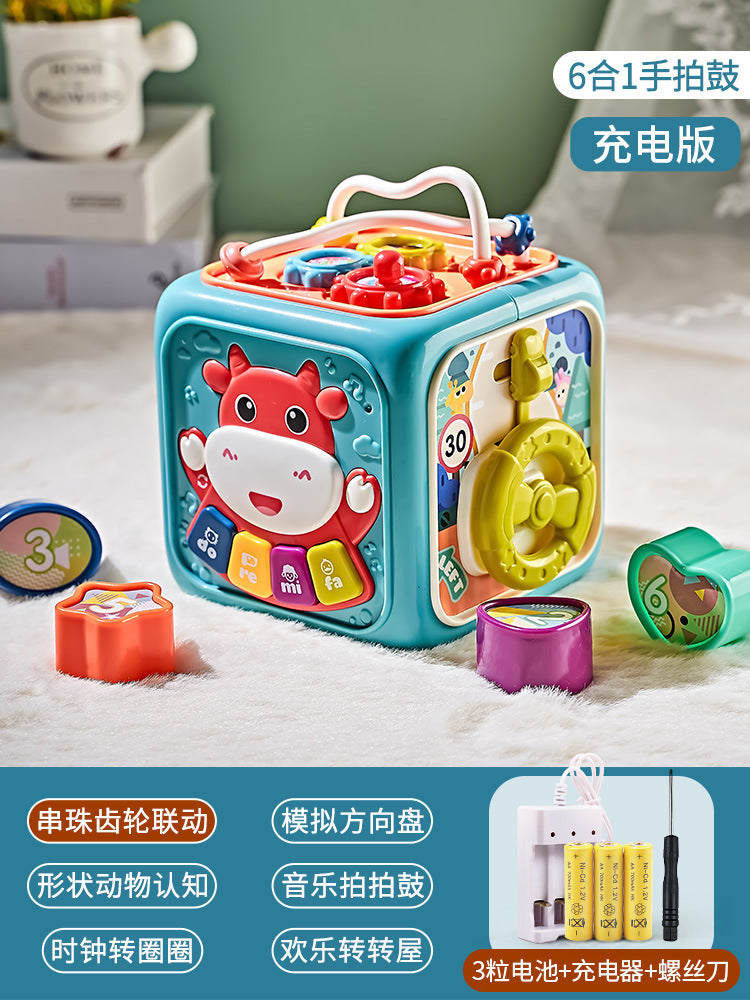 Baby multifunctional hexahedron children's educational early learning hand drum baby music patting drum toy shape recognition