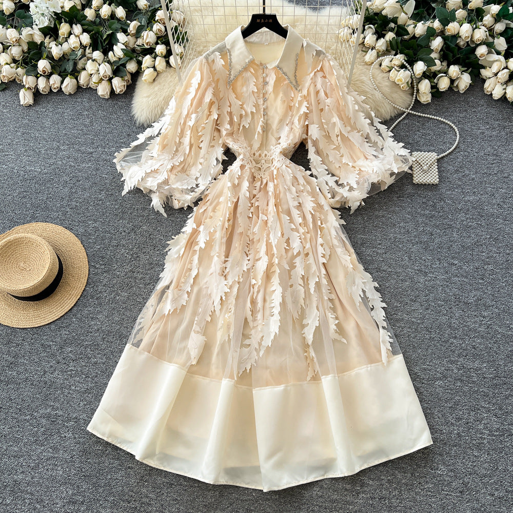 Frenchclassy heavy industry nail drill lapel lantern sleeve waist mesh tassel patchwork large swing puffy dress for women