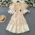 Frenchclassy heavy industry nail drill lapel lantern sleeve waist mesh tassel patchwork large swing puffy dress for women